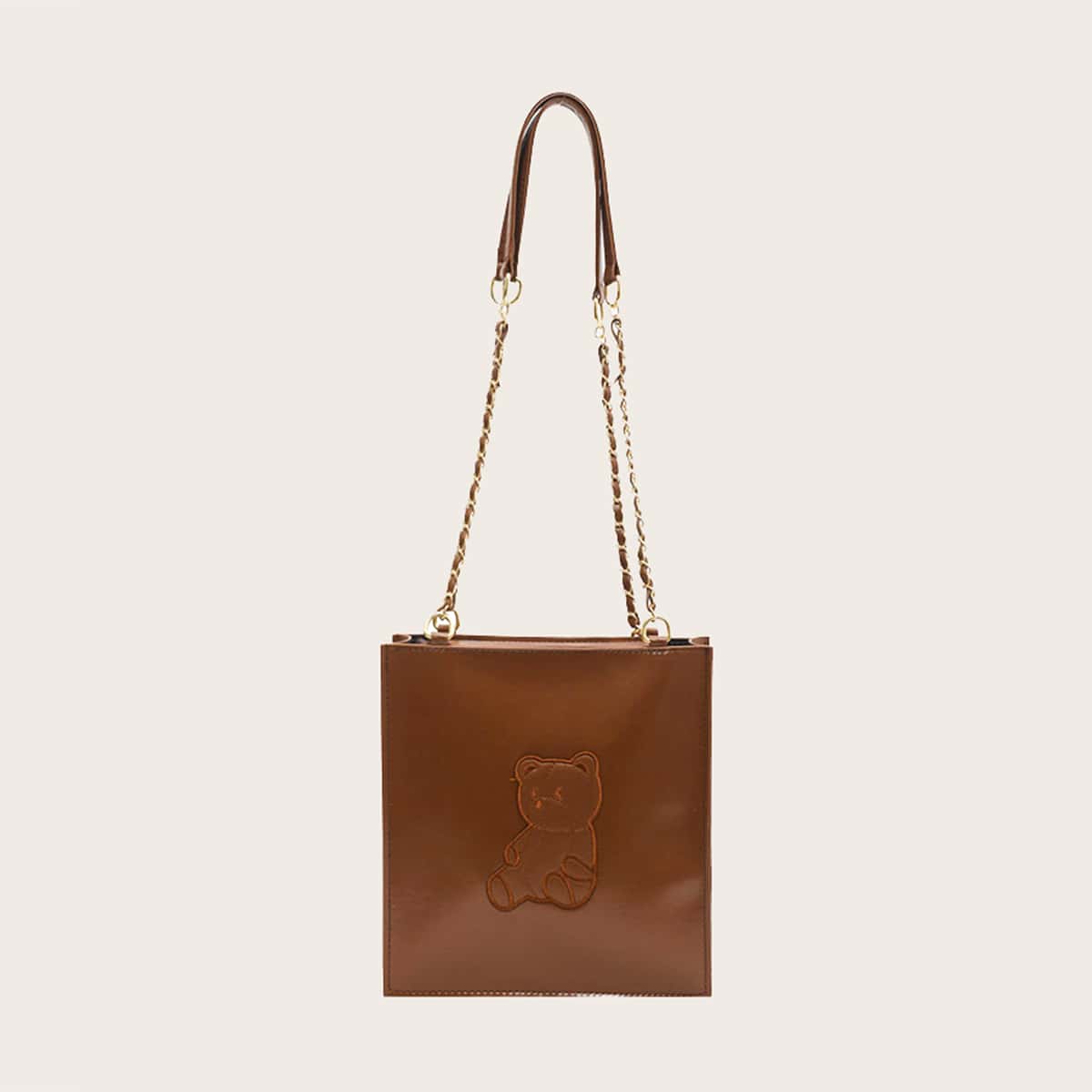 

Cartoon Bear Embroidery Chain Shoulder Bag, Coffee brown