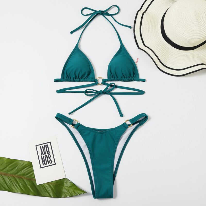 

O-ring Linked Triangle High Cut Bikini Swimsuit, Teal blue