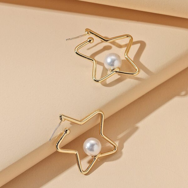 

Faux Pearl Decor Star Design Earrings, Gold