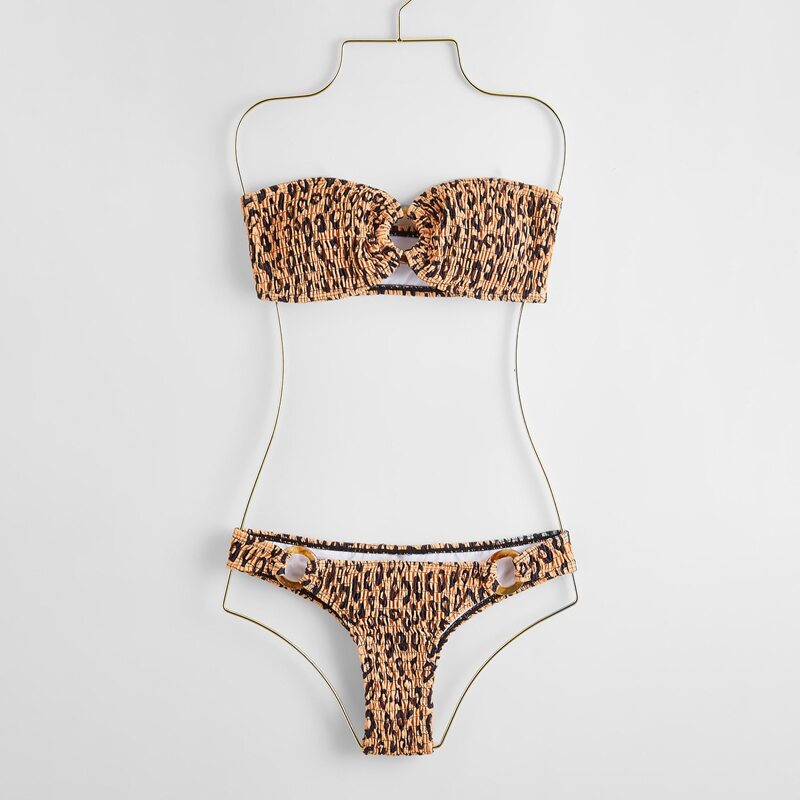 

Leopard Shirred Ring Bikini Swimsuit, Multicolor