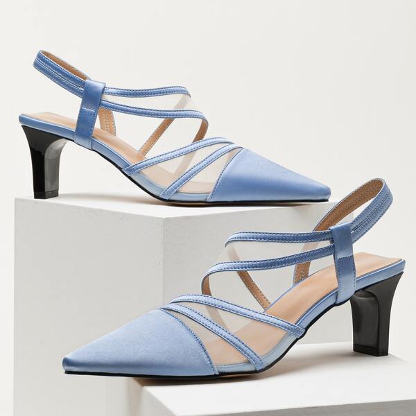 

Mesh Panel Chunky Heeled Slingback Pumps, Blue