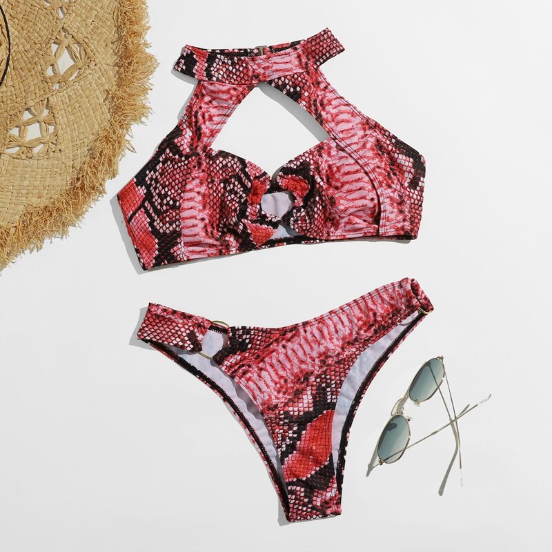 

Snakeskin Print Cut-out Bikini Swimsuit, Multicolor