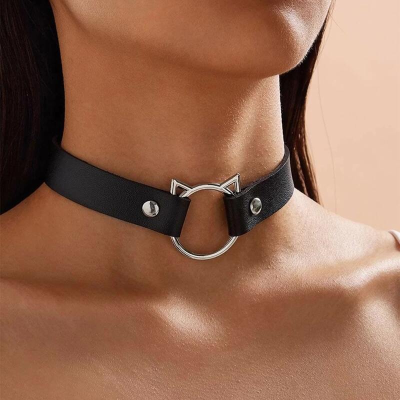 

1pc Round Cat Charm PU Choker, Black