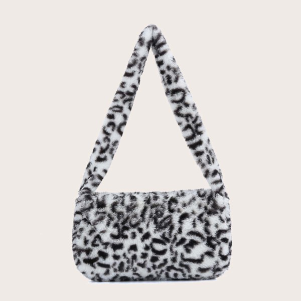 

Allover Print Plush Shoulder Bag, Black and white