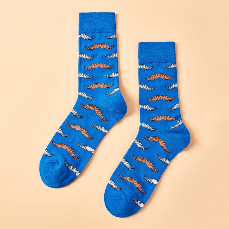 

Guys Moustache Print Crew Socks, Blue