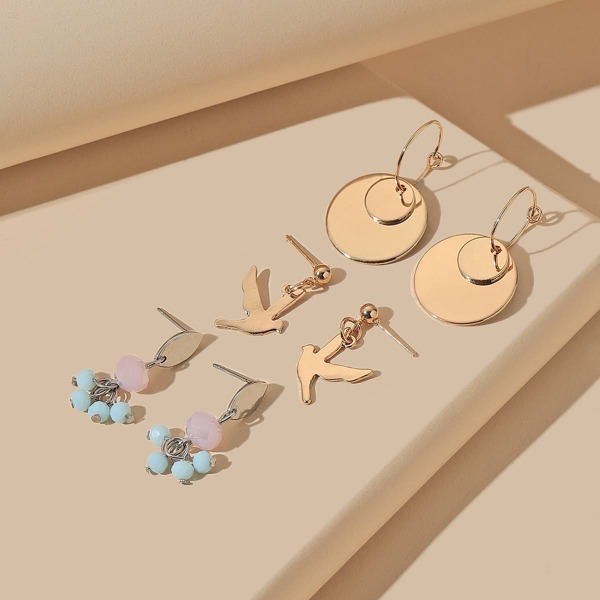 

3pairs Bird & Round Charm Drop Earrings, Gold