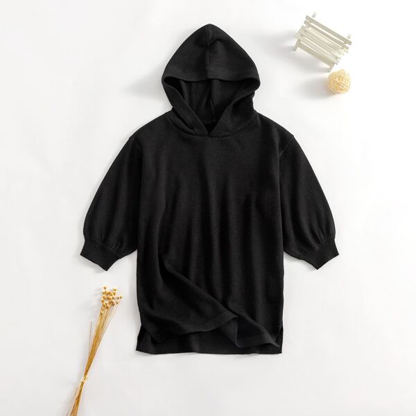 

Baby Girl Solid Slit Hem Hooded Sweater Dress, Black