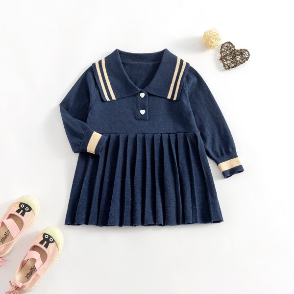 

Baby Girl Striped Pleated Hem Smock Dress, Navy blue