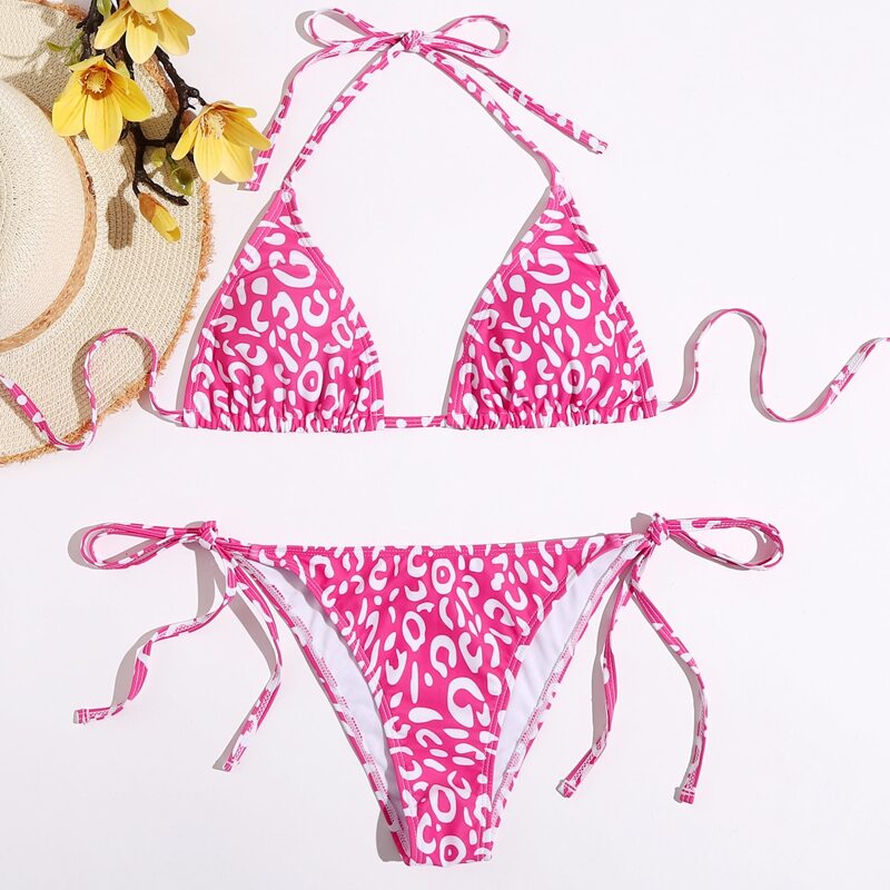 

All Over Print Halter Tie Side Bikini Swimsuit, Pink