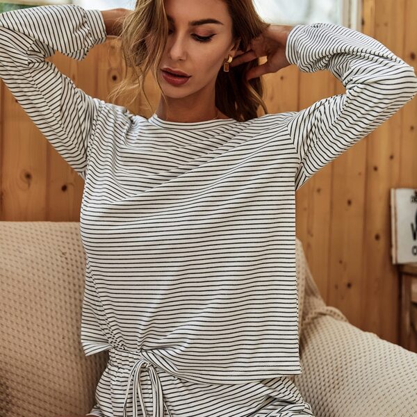 

Striped Drop Shoulder Tee & Knot Front Shorts, Light grey