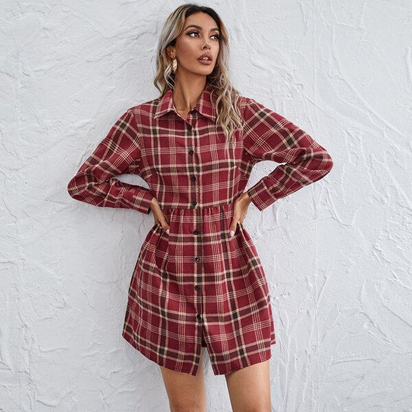 

Button Front Plaid Smock Dress, Burgundy