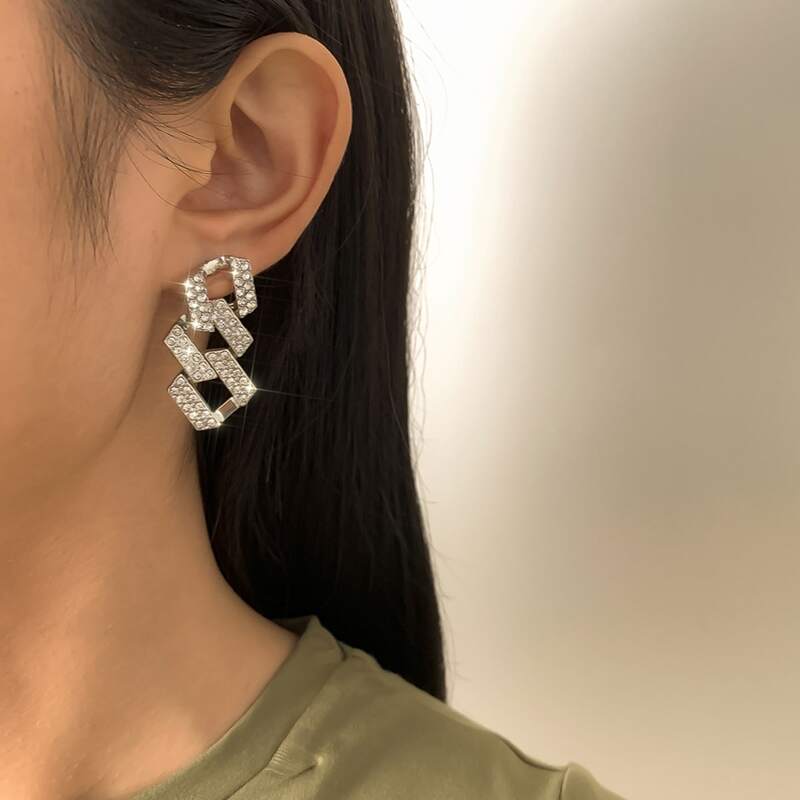 

Rhinestone Chain Design Drop Earrings, Silver