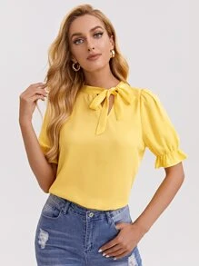 SHEIN Clasi 繫帶領荷葉邊袖素色上衣 - 黃色 - 查看 1