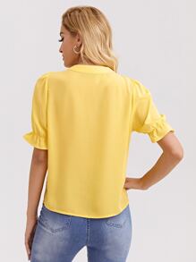 SHEIN Clasi 繫帶領荷葉邊袖素色上衣 - 黃色 - 查看 2