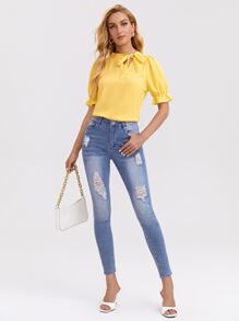 SHEIN Clasi 繫帶領荷葉邊袖素色上衣 - 黃色 - 查看 3