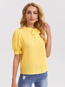 SHEIN Clasi 繫帶領荷葉邊袖素色上衣 - 黃色 - 查看 5