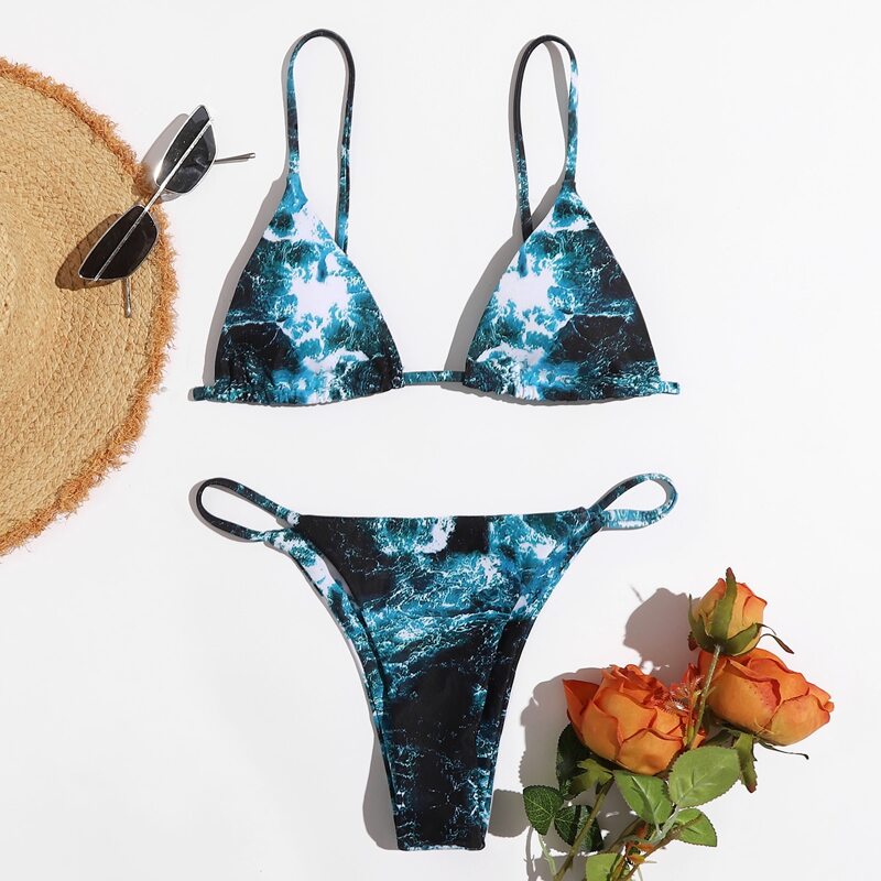 Marble Triangle Bikini Swimsuit, Multicolor