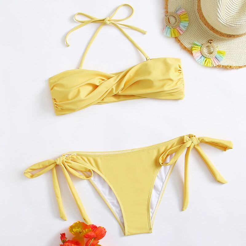 

Solid Twist Tie Side Bikini Swimsuit, Yellow