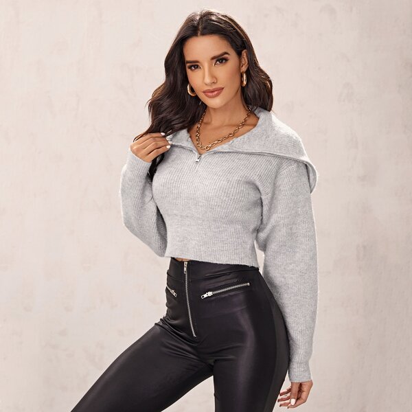 

Zipper Half Placket Ribbed Knit Sweater, Light grey