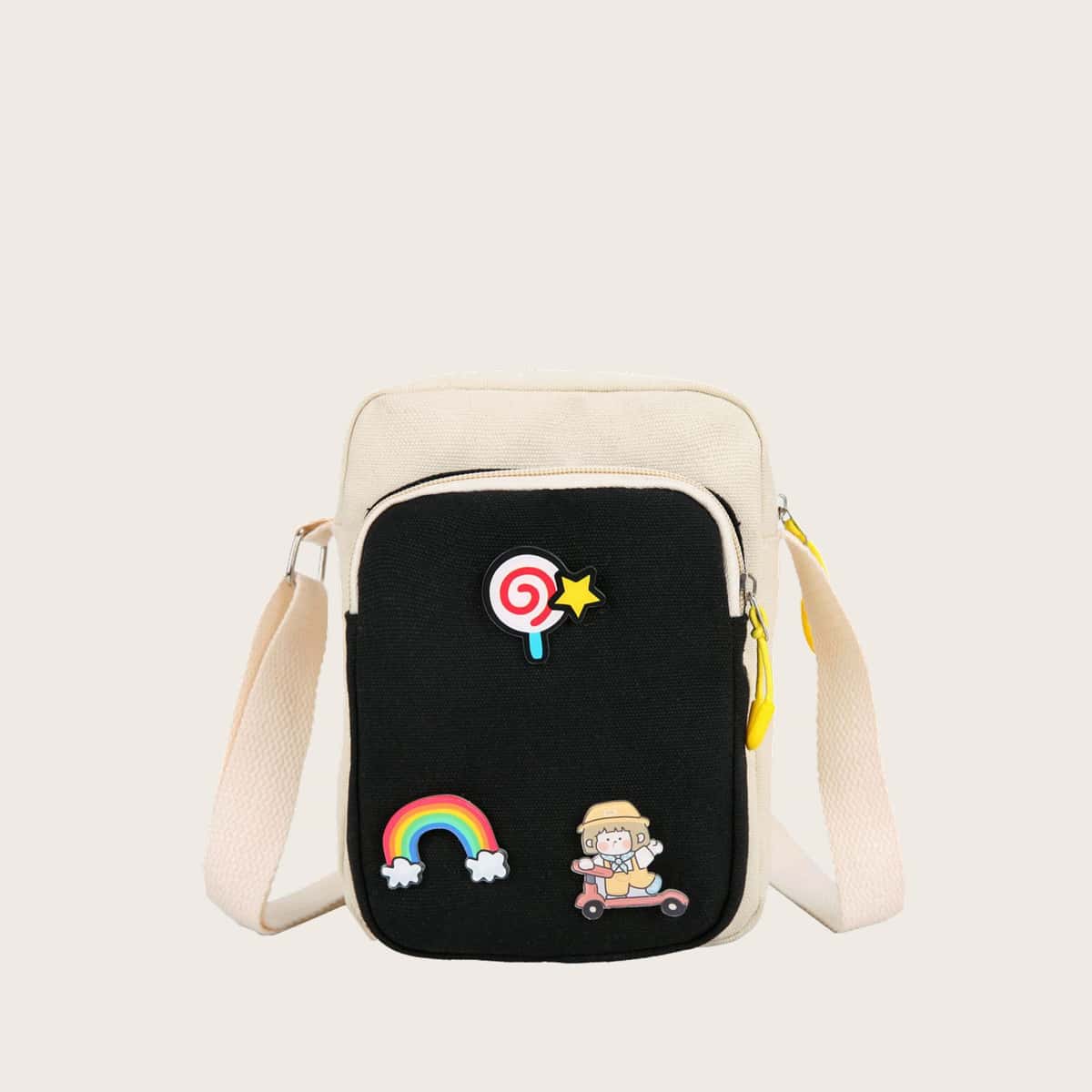 

Cartoon Decor Canvas Crossbody Bag, Black and white