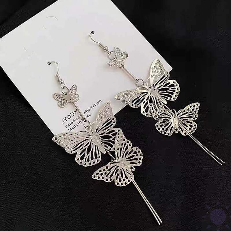 

Hollow Butterfly & Bar Drop Earrings, Silver