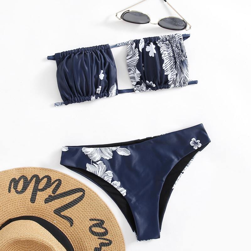 

Flower Cut Out Bikini Swimsuit, Navy blue