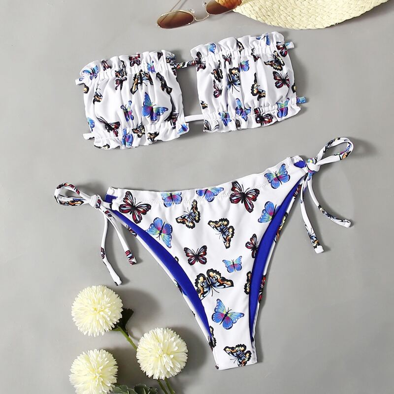 

Butterfly Graphic Ruched Tie Side Bikini Swimsuit, Multicolor