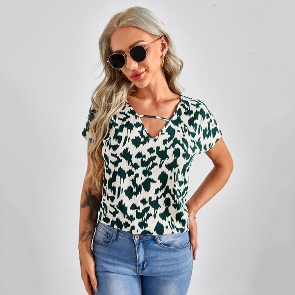

Cutout V-neck Batwing Sleeve Allover Print Top, Multicolor