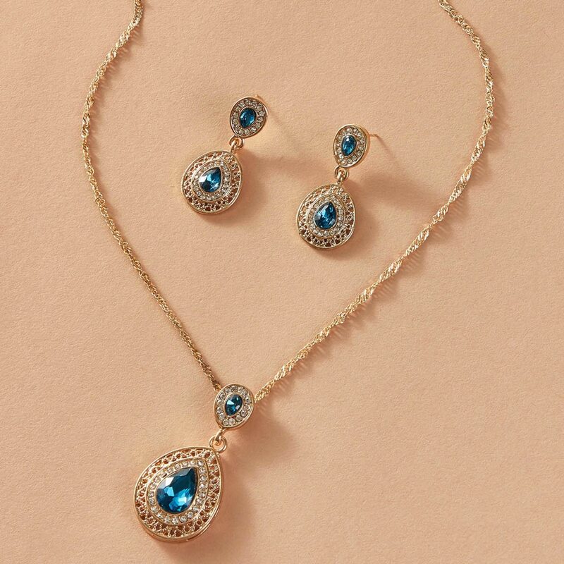 

3pcs Rhinestone Waterdrop Jewelry Set, Blue