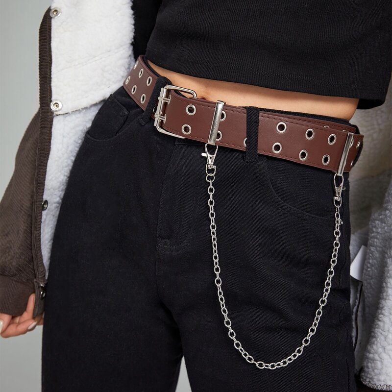

Grommet Buckle Belt With Pants Chain, Brown