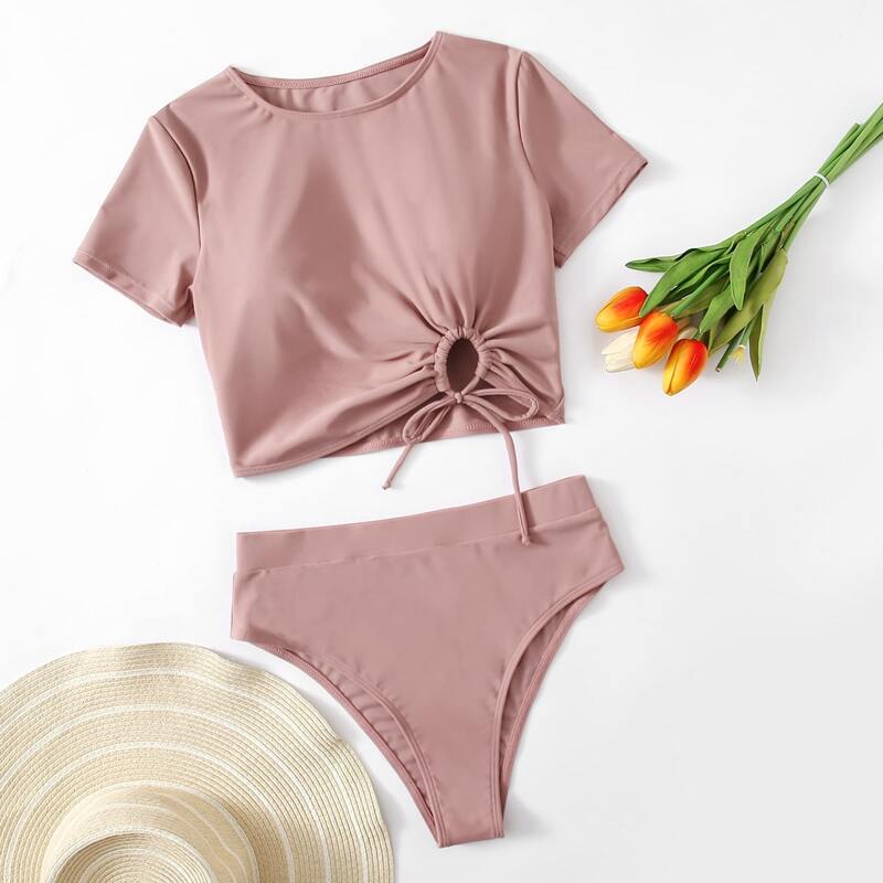 

Solid Drawstring Bikini Swimsuit, Dusty pink