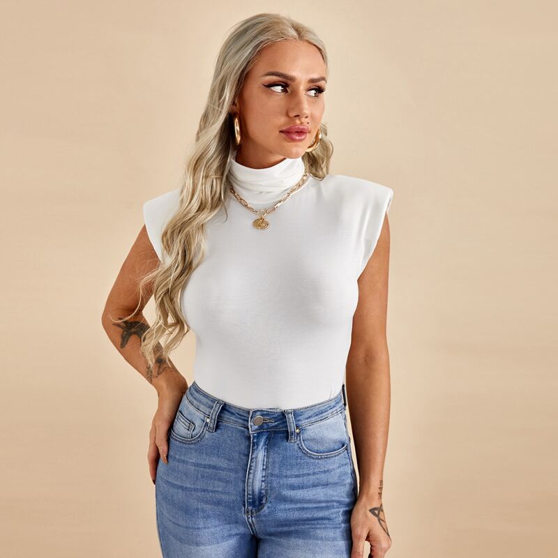 

High Neck Padded Shoulder Tank Top, White