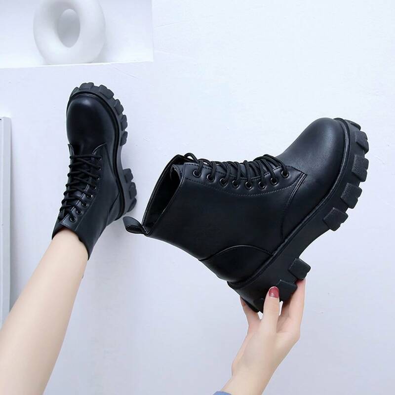 

Lace-up Platform Combat Boots, Black