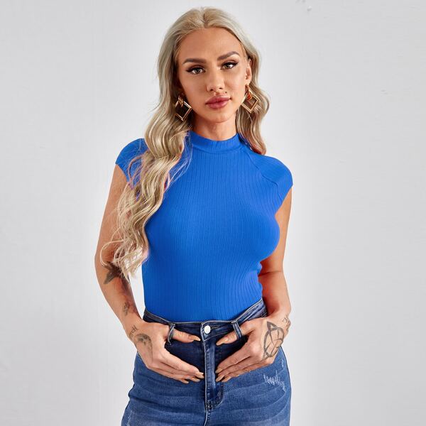 

Mock-Neck Raglan Sleeve Rib-knit Slim Tee, Royal blue