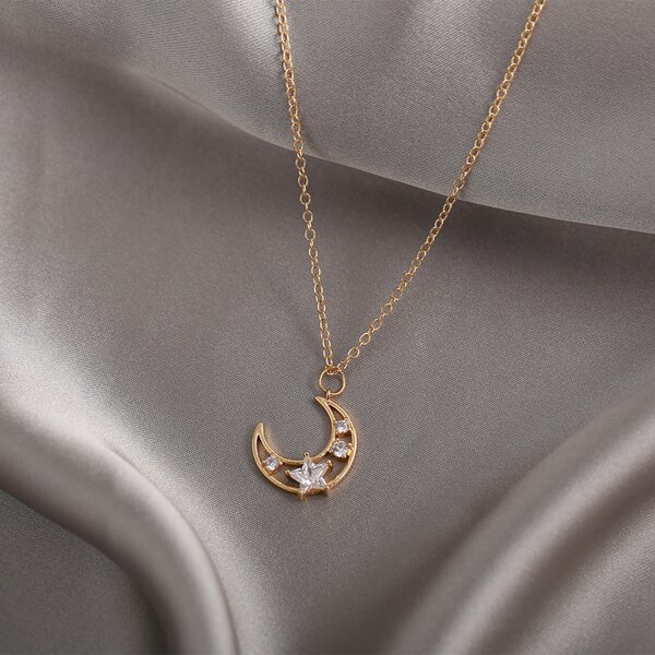 

Zircon Decor Moon Charm Necklace, Gold
