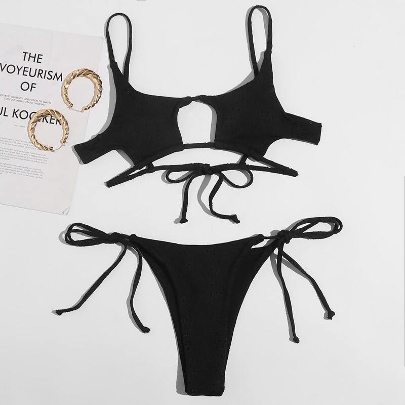 

Solid Cut Out Tie Side Bikini Swimsuit, Black
