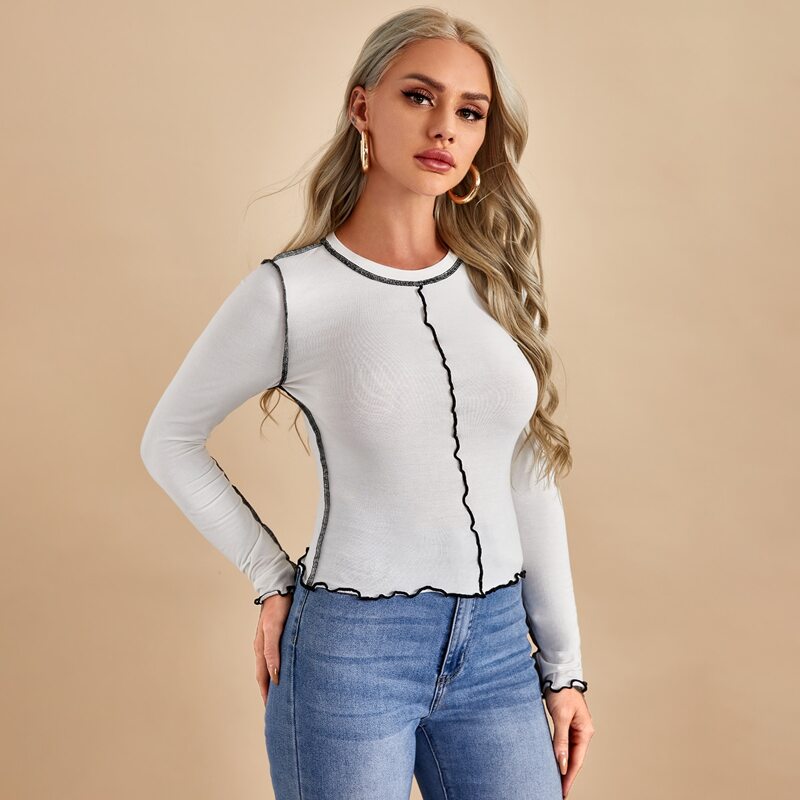 

Lettuce Trim Contrast Stitch Top, White
