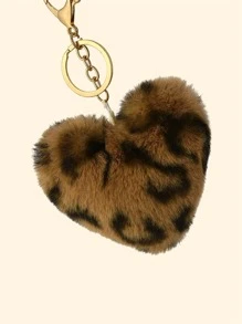 Faux Mink Fur Leopard Print Heart Pom Pom Keychain, Creative Bag Charm, Key Chain Accessory, Small Gift Car Accessories Cute Goth Y2k Christmas Bag Charms Car Teacher Friend Sister Gift Ideas - Brown - View 2