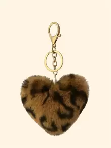 Faux Mink Fur Leopard Print Heart Pom Pom Keychain, Creative Bag Charm, Key Chain Accessory, Small Gift Car Accessories Cute Goth Y2k Christmas Bag Charms Car Teacher Friend Sister Gift Ideas - Brown - View 3