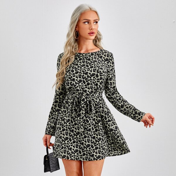 

Self Belted Leopard Dress, Multicolor