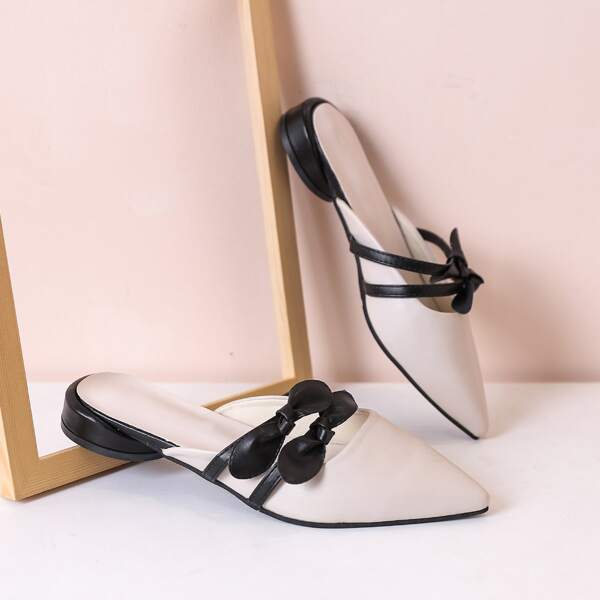 

Point Toe Double Bow Decor Flat Mules, Beige
