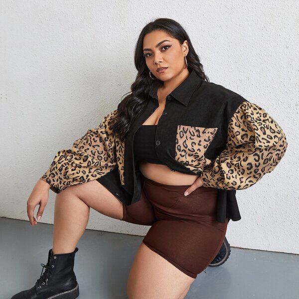 

Plus Button Front Contrast Leopard Panel Coat, Black