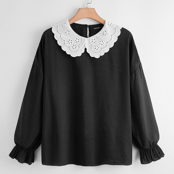 

Plus Peter Pan Collar Flounce Sleeve Blouse, Black