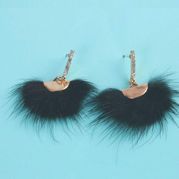 

Rhinestone Decor Fluffy Drop Earrings, Black