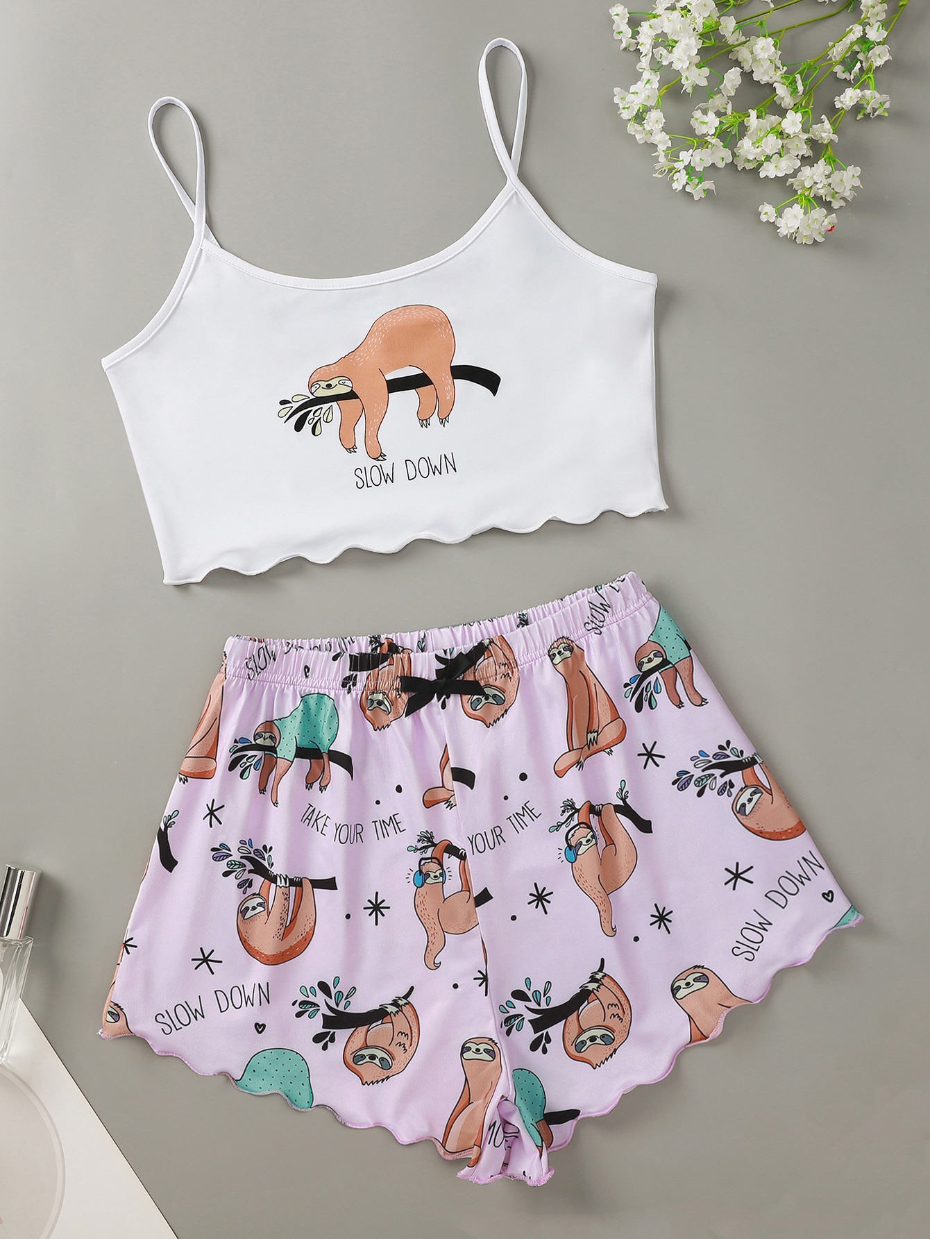 Slogan And Cartoon Graphic Cami Pajama Set thumbnail