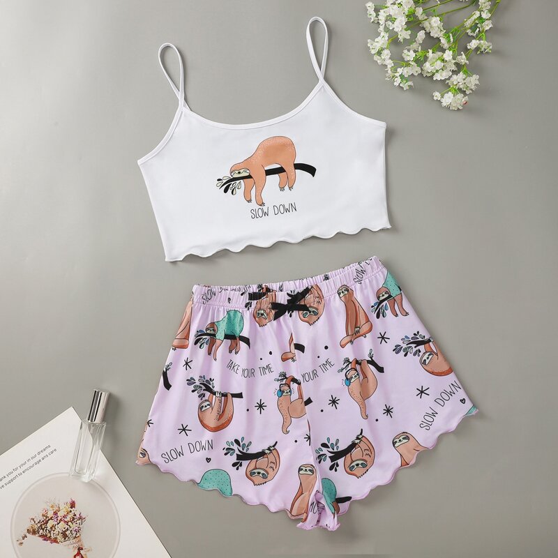 

Slogan And Cartoon Graphic Cami Pajama Set, Multicolor