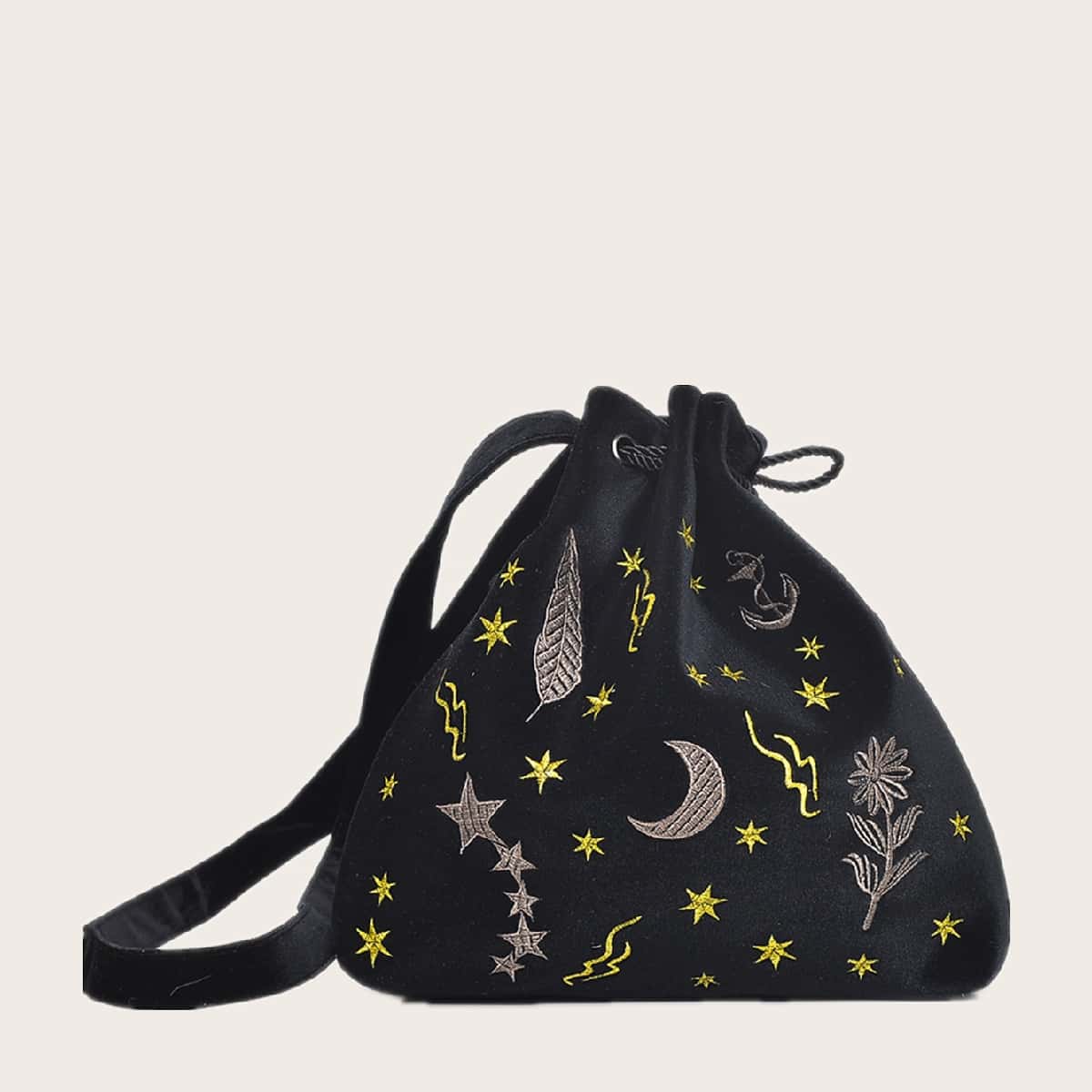 Image of Drawstring Design Embroidered Shoulder Bag