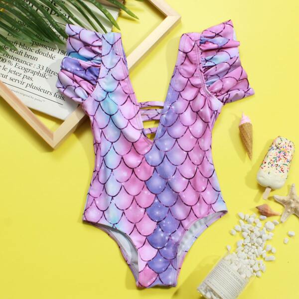 

Toddler Girls Fish Scale Print Ruffle One Piece Swimsuit, Multicolor