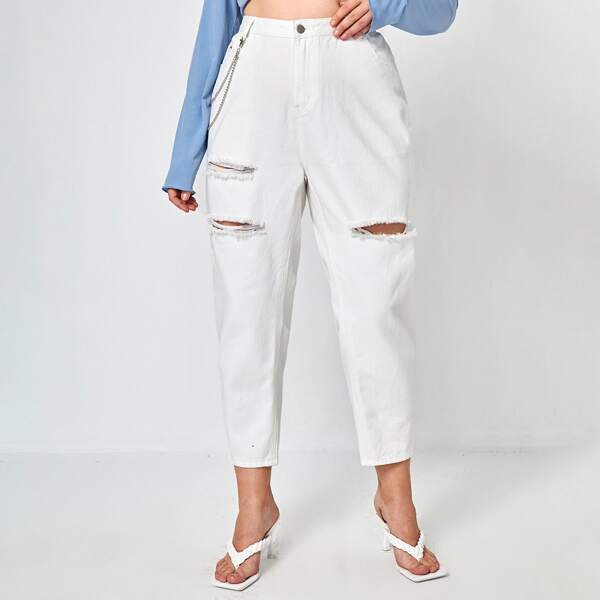 

Plus Chain Detail Ripped Mom Jeans, White