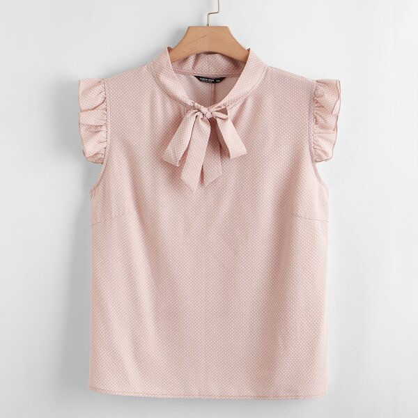 

Plus Tie Neck Polka Dot Ruffle Trim Blouse, Baby pink